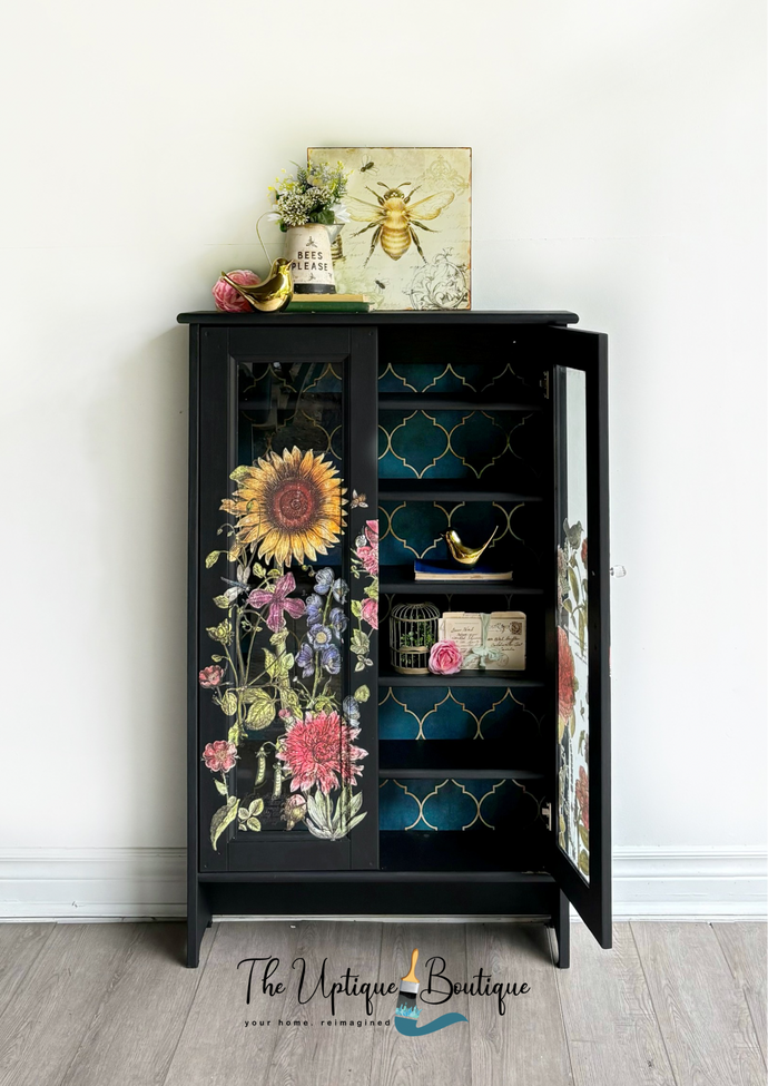 Solid wood botanical chic narrow storage cabinet