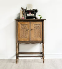 Load image into Gallery viewer, Antique solid wood tiger oak spool cabinet coffee station bar hutch storage