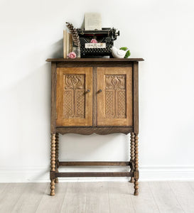 Antique solid wood tiger oak spool cabinet coffee station bar hutch storage