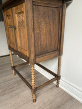 Load image into Gallery viewer, Antique solid wood tiger oak spool cabinet coffee station bar hutch storage