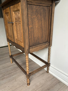 Antique solid wood tiger oak spool cabinet coffee station bar hutch storage