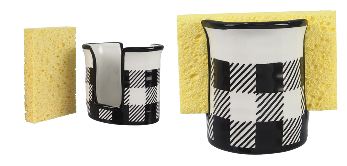 Ceramic Black and White Buffalo Plaid Sponge Holder with Sponge