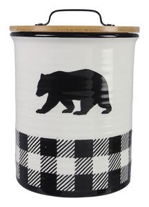 Ceramic Black and White Buffalo Plaid Bear Treat Jar