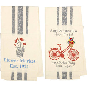 Farmer's Market Flower Market Unbleached Natural Muslin Tea Towel Set of 2 (Flower Pot; Bicycle)