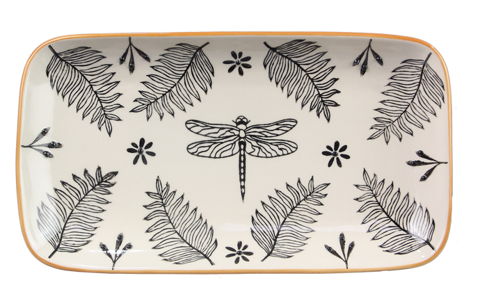 Stoneware Black and Natural White Botanical Trivet Tray with Terra Cotta Accent