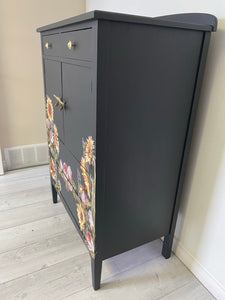 Botanical inspired solid wood tall dresser cabinet