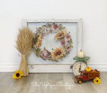 Load image into Gallery viewer, Fall themed wreath antique salvaged window