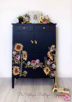 Botanical inspired solid wood tall dresser cabinet