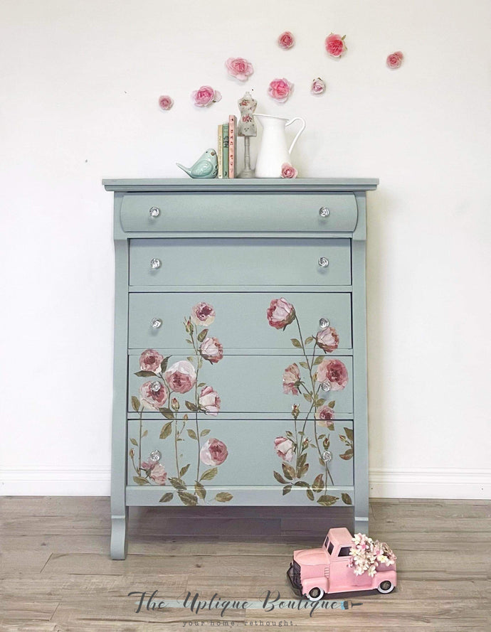 Botanical chic solid wood tallboy empire dresser chest of drawers